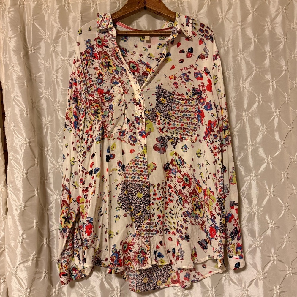 Pilcro Anthropologie The Romy Relaxed Shirt Cream Floral Print Button Front Top - Picture 2 of 10
